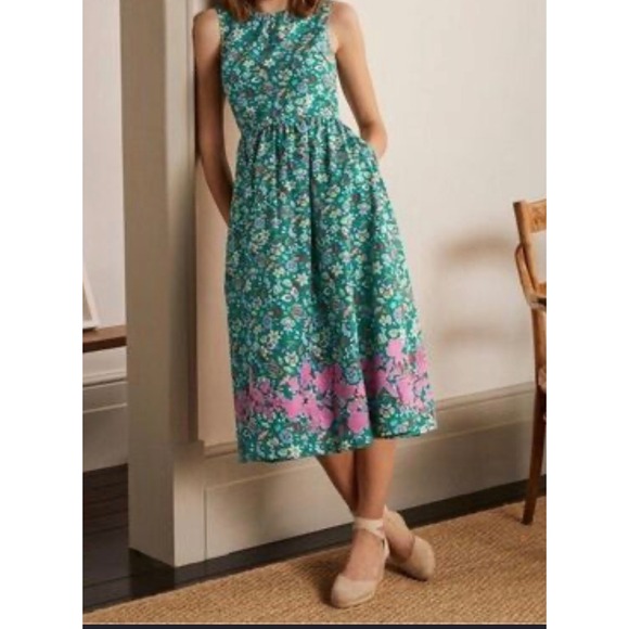Boden Dresses & Skirts - Boden Green Floral Summer Sleeveless Midi Dress Pink Embroidered Hem Womens 10